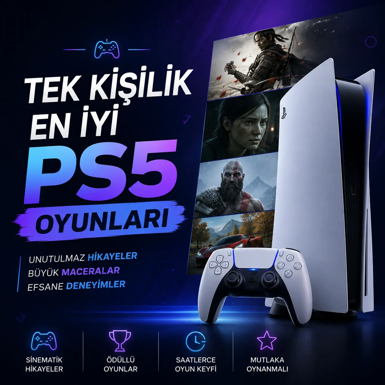 Tek kişilik en iyi PS5 oyunlarını gösteren 2026 rehber kapak görseli